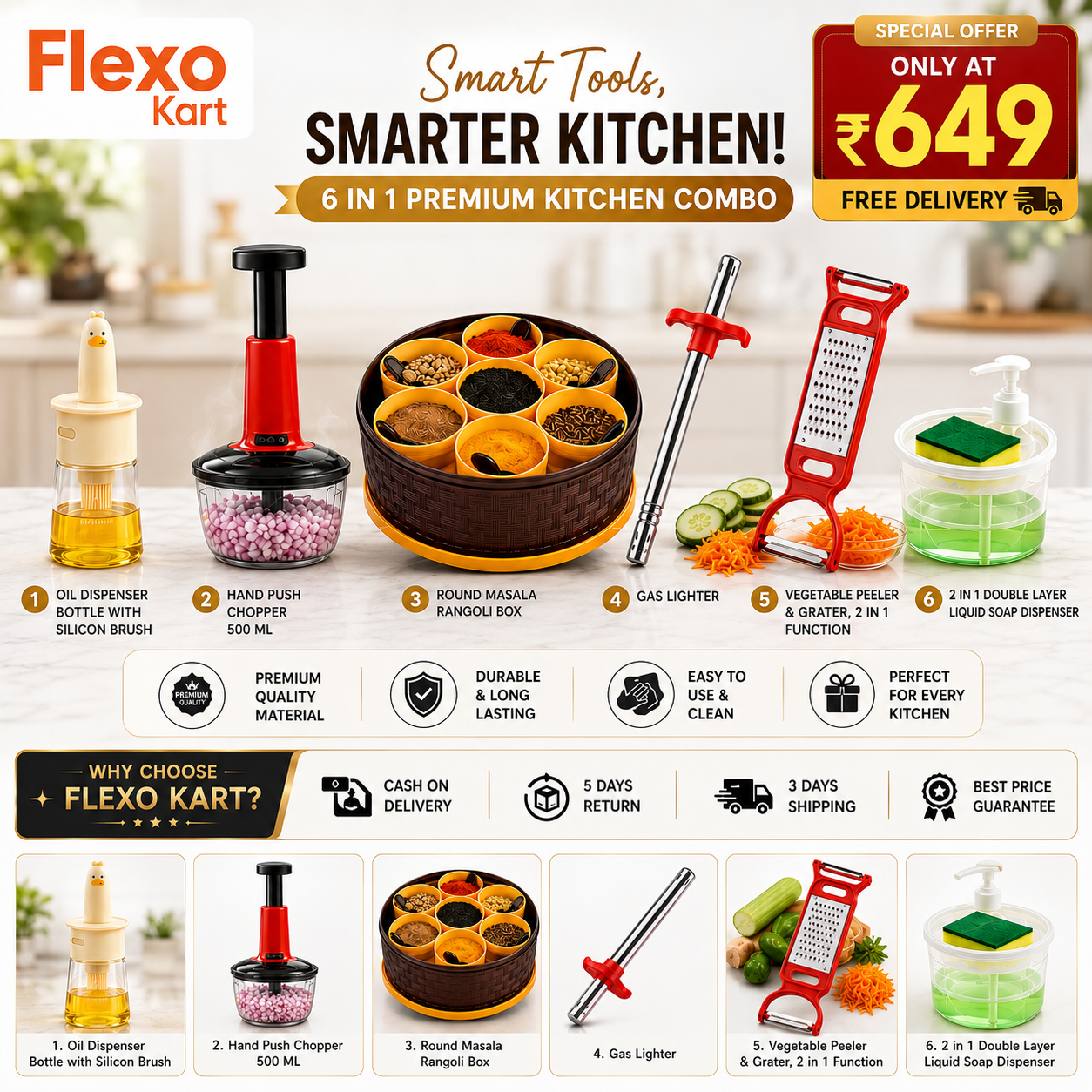 Flexo Kart 6-in-1 Premium Kitchen Combo — Smart Tools for a Smarter Kitchen | Only ₹649