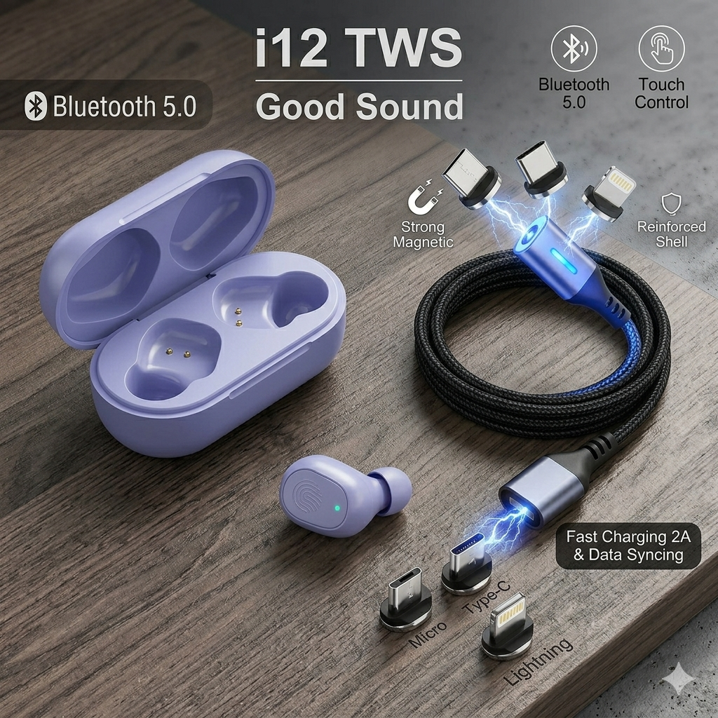 1 Pices of i12 TWS & 1 pices of 3 in 1 Magnet Cable (Combo)