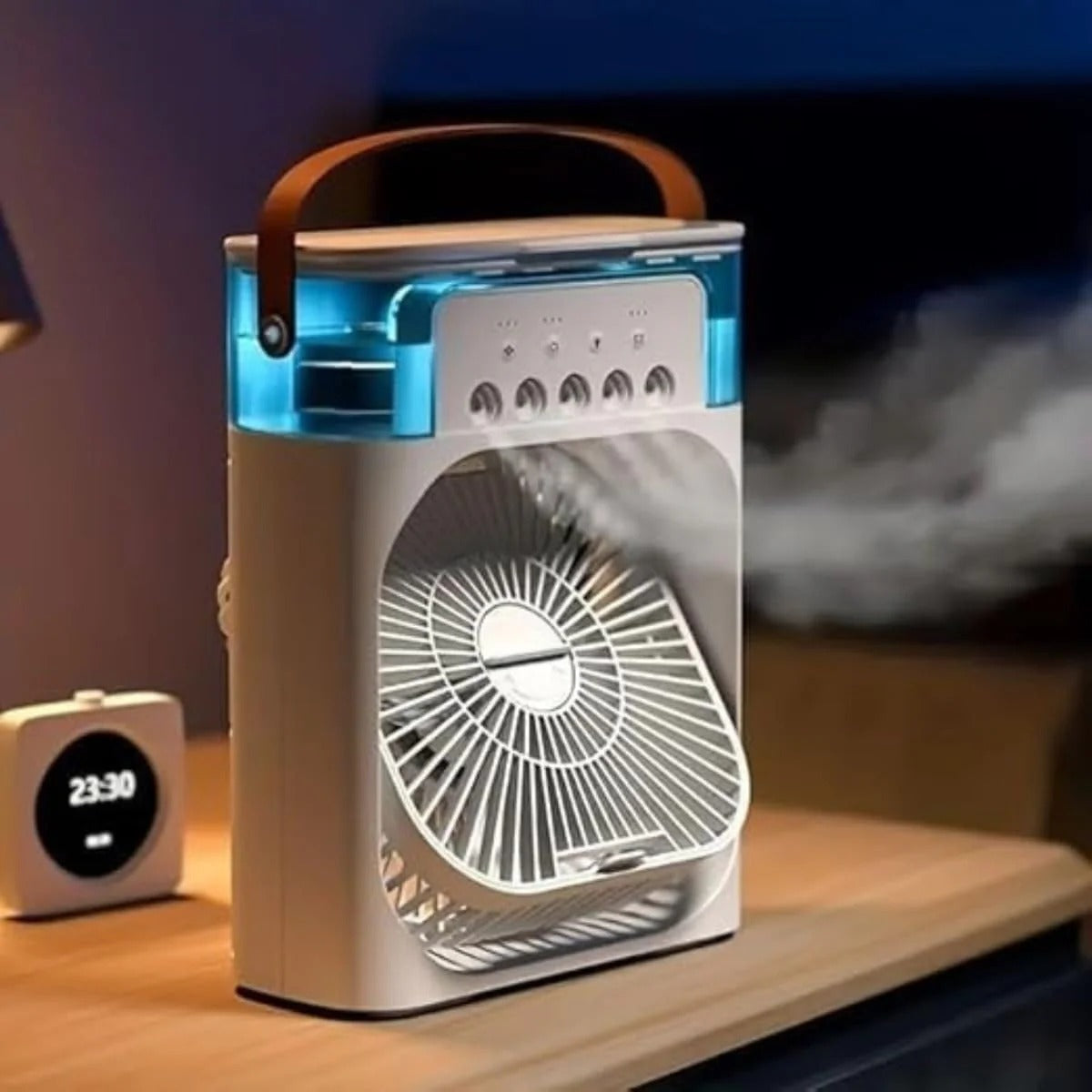Portable Mini USB Air Cooler Fan – 7 LED Colours | 3 Speed | Mist Spray | Timer Function