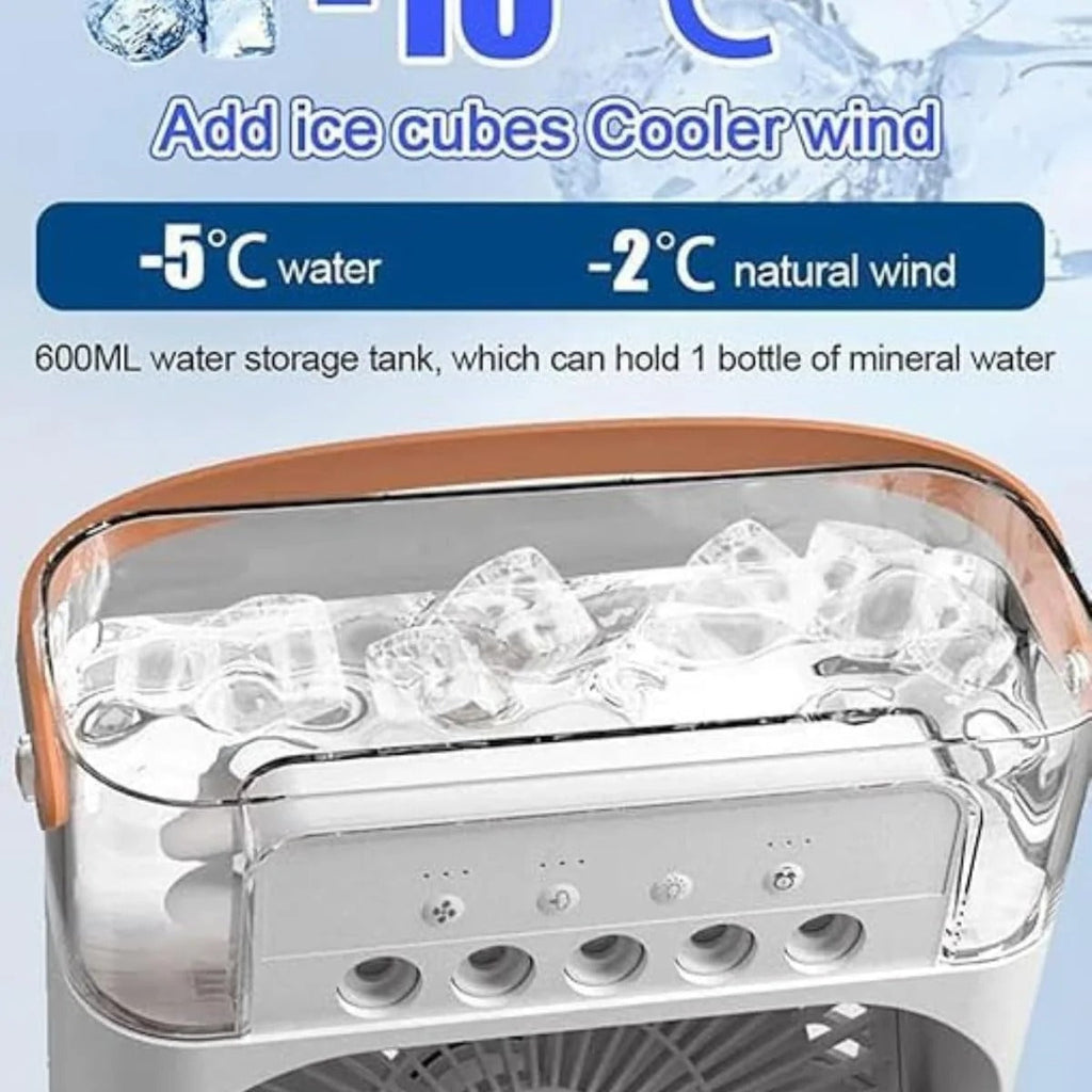 Portable Mini USB Air Cooler Fan – 7 LED Colours | 3 Speed | Mist Spray | Timer Function